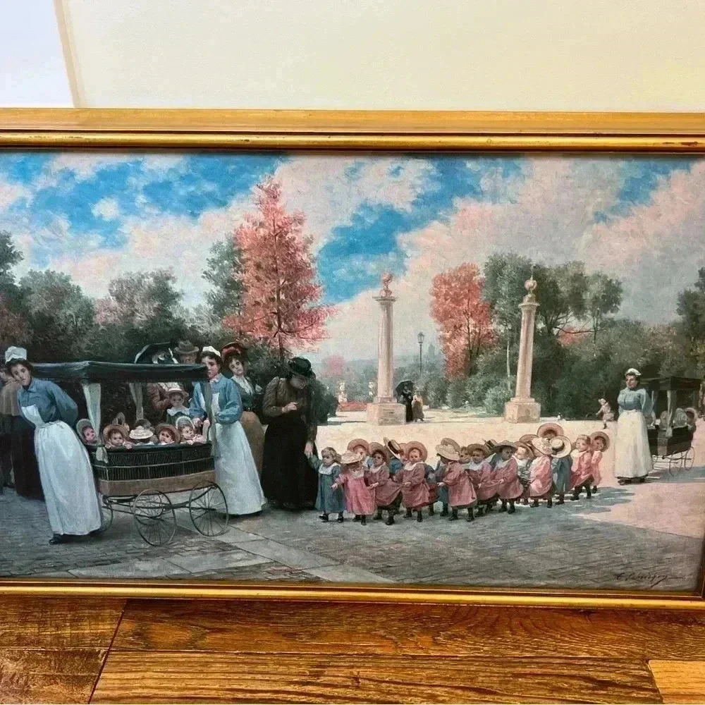 French Canvas Promenade Des Enfants Art by Timoleon Marie Lobrichon Gold Frame